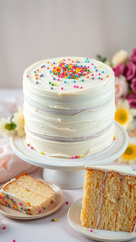 Classic Two-Layer Vanilla Cake Recipe A two-layer vanilla cake with white frosting and sprinkles on a cake stand, with a slice on a plate.